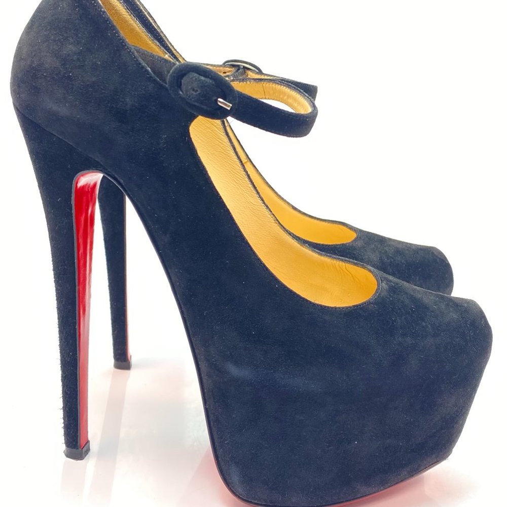 Christian Louboutin Black Suede Mary Jane Platform Pumps with Red Soles
